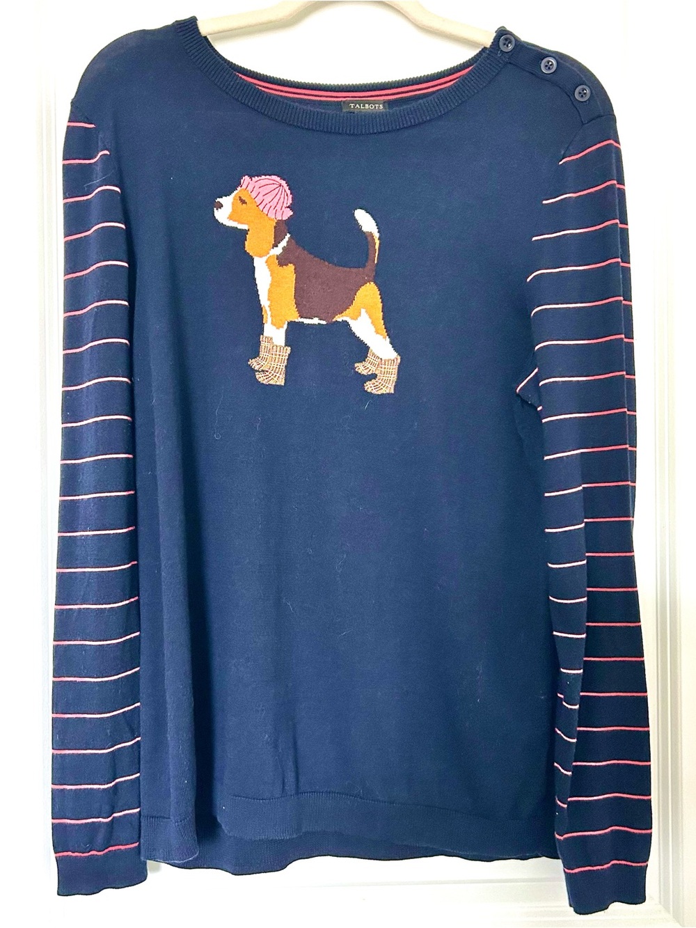 Talbots Navy Sweater Beagle Dog L Pink Striped Sleeve Lightweight Classic Preppy